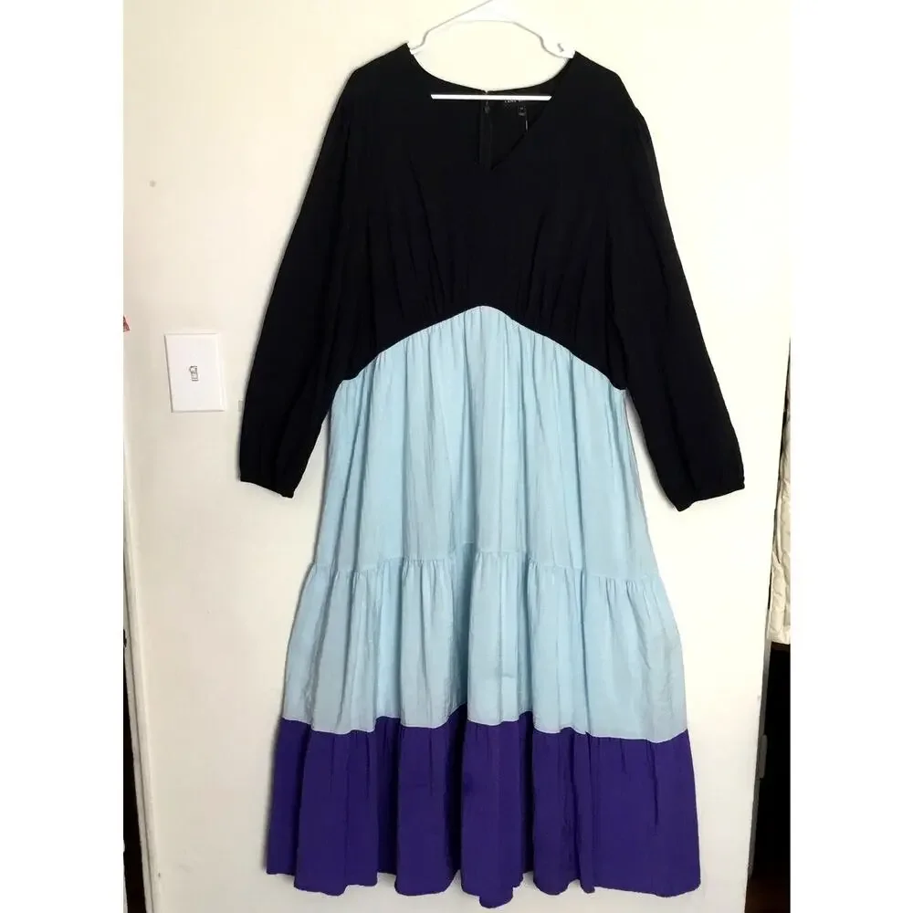 Lane Bryant Tiered Crepe Maxi Dress Blue Colorblock Long Sleeves v neck Sz 22P - Picture 3 of 10